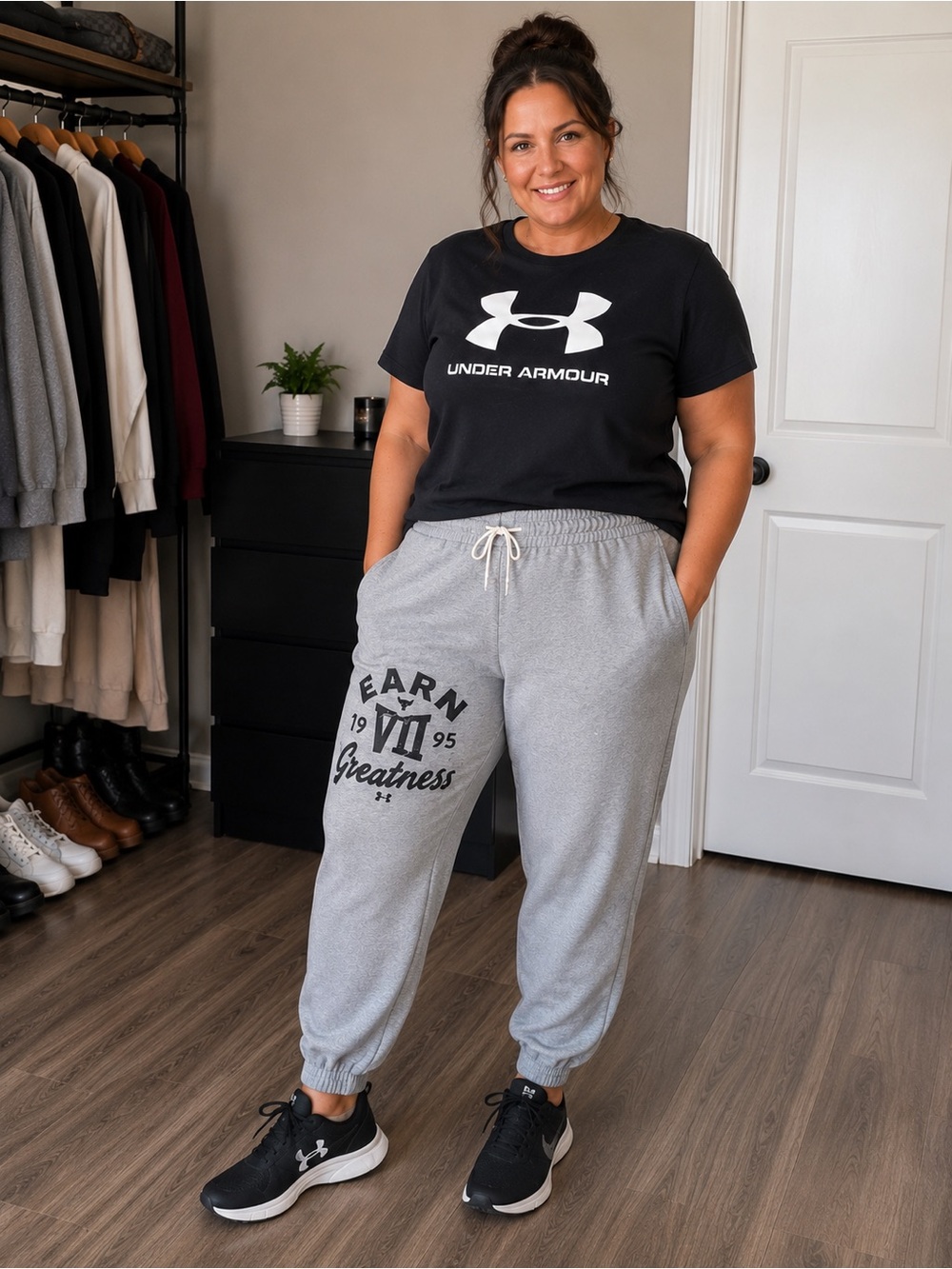 Under Armour Women’s Xl Gray Jogger Sweatpants with shirt outfit